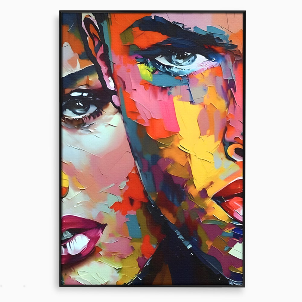 Tablou canvas cu tablou canvas cu chipuri in culori vibrante, in rama de aluminiu negru